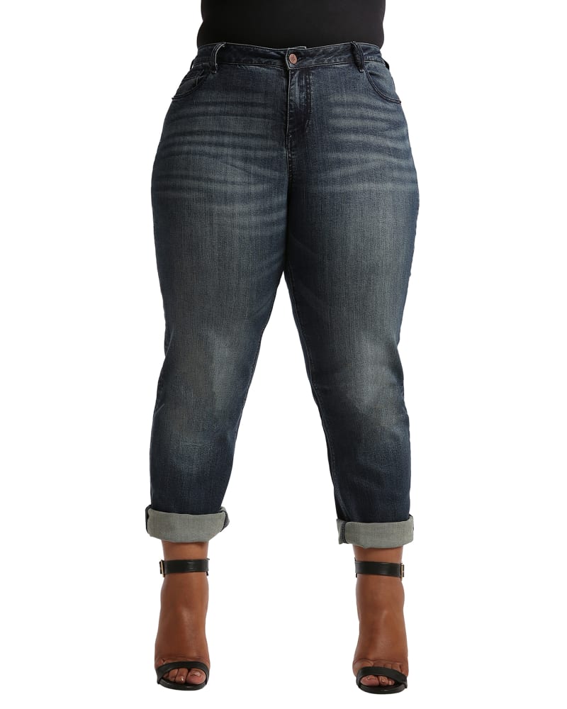 Front of a model wearing a size 14 Jennifer Rolled Cuff Boyfriend Jeans in Blue by Poetic Justice. | dia_product_style_image_id:275502